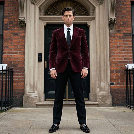 Photograph of a serious, dark-haired man in a maroon velvet blazer, white shirt, black tie, black pants, and polished shoes,