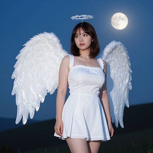 Photograph of an Asian woman with white angel wings and halo, wearing a white dress, standing under a full moon in a dark blue night sky.
