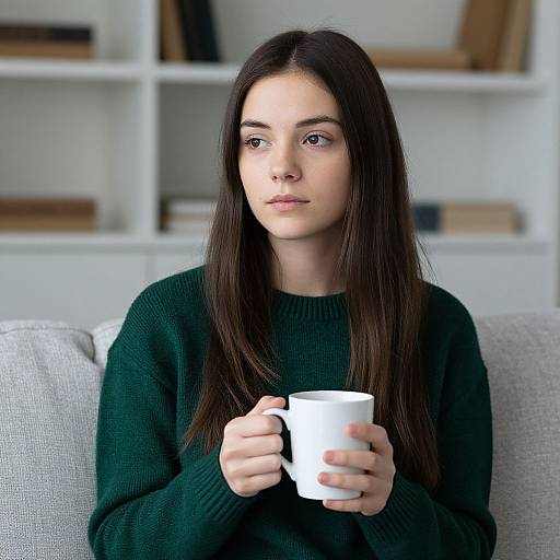 Photograph of a young woman with long, straight brown hair, wearing a dark green sweater, holding a white mug, sitting on a gray couch in