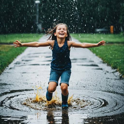 Joyful Girl Splashing in Rain Puddle