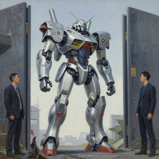 Photorealistic painting of two men in suits standing before a massive, silver, robotic mecha with red accents, in an industrial doorway.