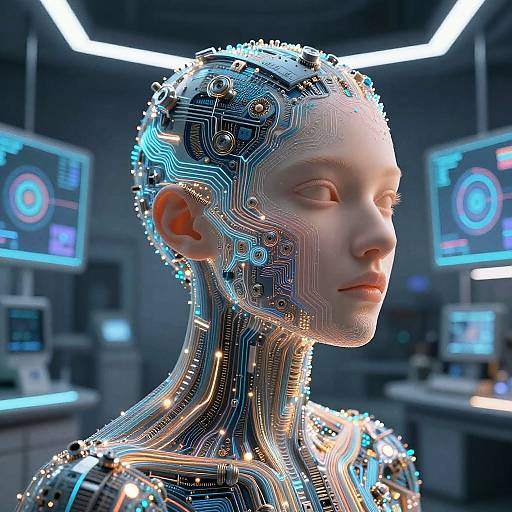 Futuristic AI Cybernetic Portrait in High-Tech Lab