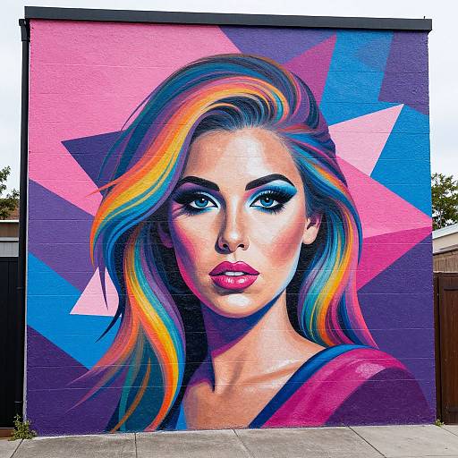Vibrant street mural of a woman with multicolored hair, pink lipstick, and bold blue eyeshadow, set against a purple and pink