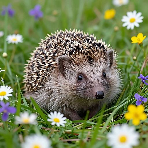 Photograph of a cute, small hedgehog with spiky quills, surrounded by vibrant green grass, and colorful daisy flowers, including white,