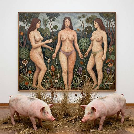 Photograph of a painting depicting three topless women with natural body types in a jungle, standing between two pink pigs on a hay-covered floor in a