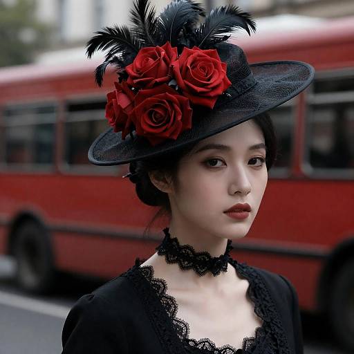 Woman in Black Hat with Red Roses and Feathers