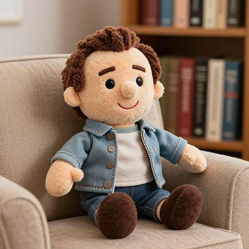 Photograph of a plush doll with brown hair, blue denim jacket, white shirt, blue shorts, and brown shoes, sitting on a beige armchair