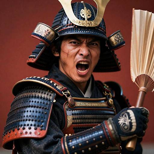 Photograph of intense Japanese samurai in full armor, black helmet with gold emblem, holding folding fan, mouth open in fierce shout. Red background enhances