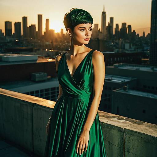 Woman in Emerald Green Dress on Urban Rooftop at Sunset
