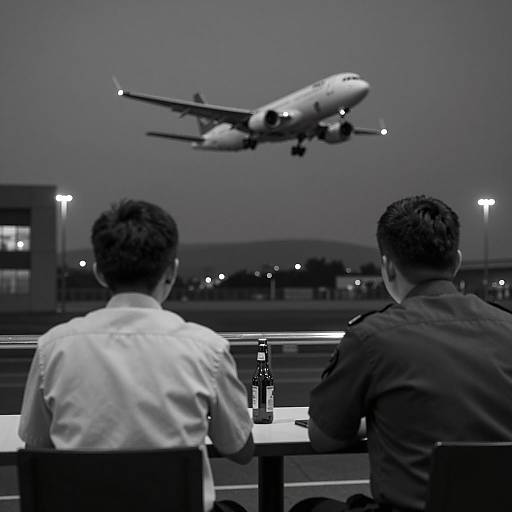Two Men Watching Airplane Takeoff at Night