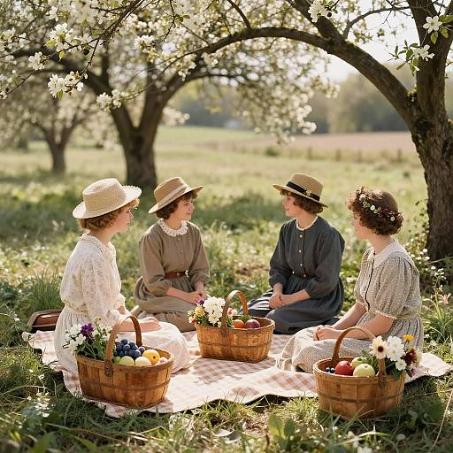 Photograph of four women in vintage dresses and hats, sitting on a blanket under blooming trees, enjoying a picnic with baskets of fruits and flowers.