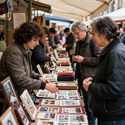 Photograph of a bustling outdoor market stall with four middle-aged people browsing and purchasing framed photographs, under a covered canopy.