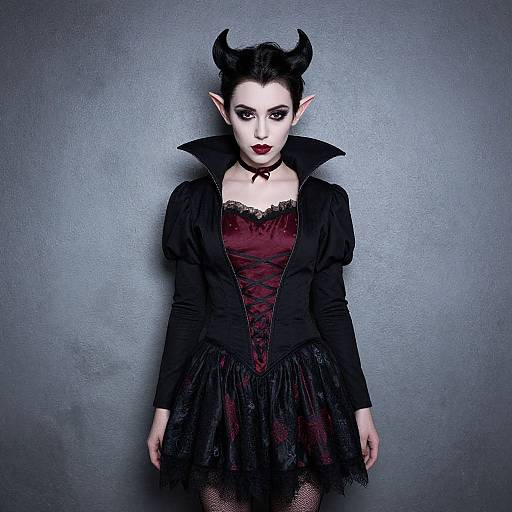 Photograph of pale-faced, dark-haired woman with black horns, pointed ears, red lipstick, black corset, jacket, and skirt, against gray