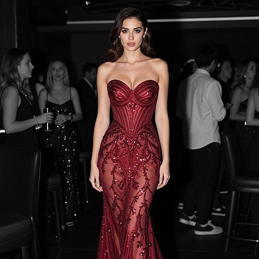 Photograph of a brunette woman in a strapless, red sequined, sheer gown with intricate floral patterns, standing confidently in a dimly lit,