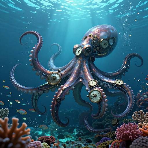 Photograph of a metallic, clock-adorned octopus swimming in a vibrant underwater coral reef, surrounded by tiny fish under bright sunlight.