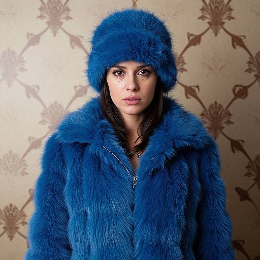 Photograph of a woman with dark hair, wearing a vibrant blue fur hat and matching coat, standing against a beige floral-patterned wallpaper. She has