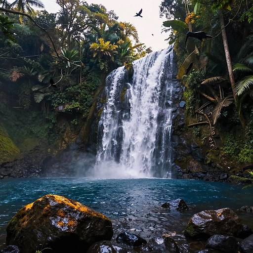 Photograph of a tropical waterfall cascading into a turquoise pool, surrounded by lush greenery, ferns, and moss-covered rocks. Bright sunlight filters