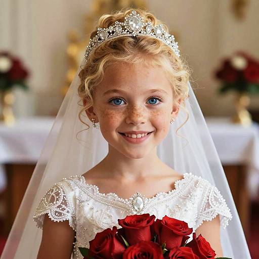 Photograph of a young blonde girl with blue eyes, wearing a white lace wedding dress, tiara, veil, and holding red roses, smiling in
