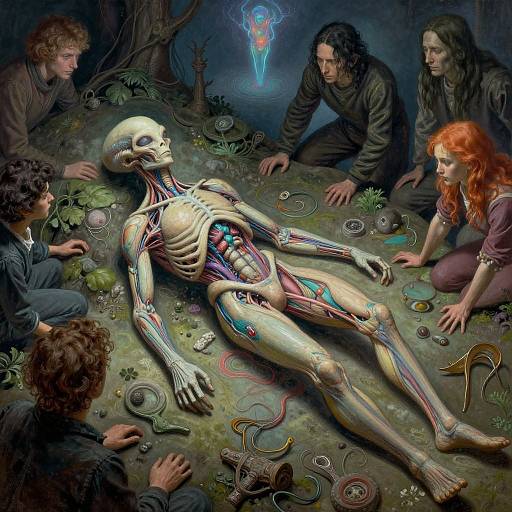 Digital fantasy artwork of six people gazing at a skeletal, anatomically detailed, neon-colored humanoid lying in a forest, surrounded by mystical objects and eerie