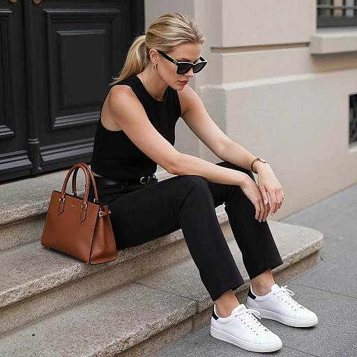 Stylish Blonde Woman on Stone Steps