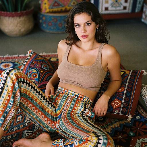 Photograph of a dark-haired woman with light skin, wearing a beige crop top and colorful, patterned pants, sitting on vibrant, intricately designed