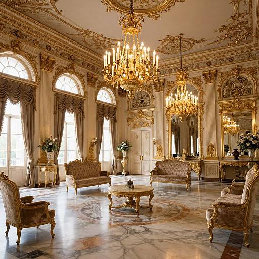 Opulent baroque-style living room with intricate gold ceilings, grand chandeliers, arched windows, ornate mirrors, and luxurious beige velvet furniture