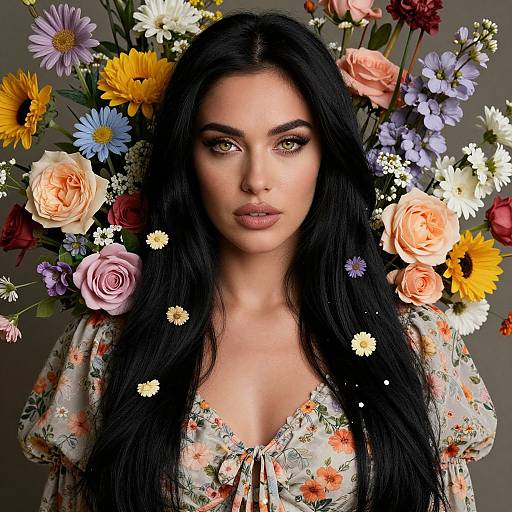 Photograph of a fair-skinned woman with long black hair, floral dress, surrounded by vibrant flowers, intense gaze, neutral background.
