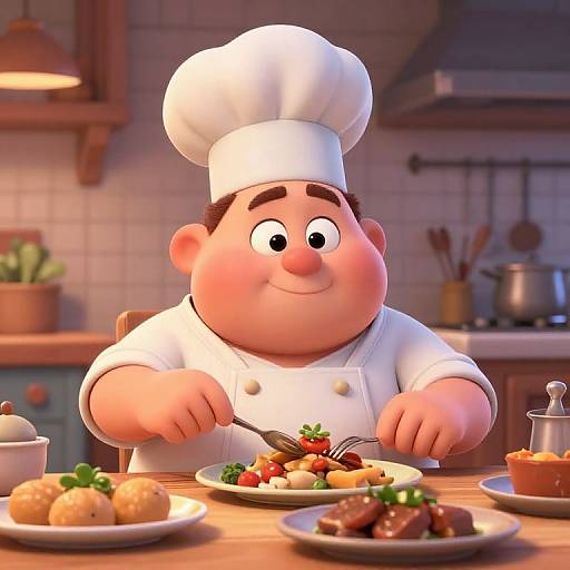 CGI cartoon image of a chubby, smiling male chef in white uniform and hat, cooking colorful, gourmet dishes in a warm, cozy kitchen.