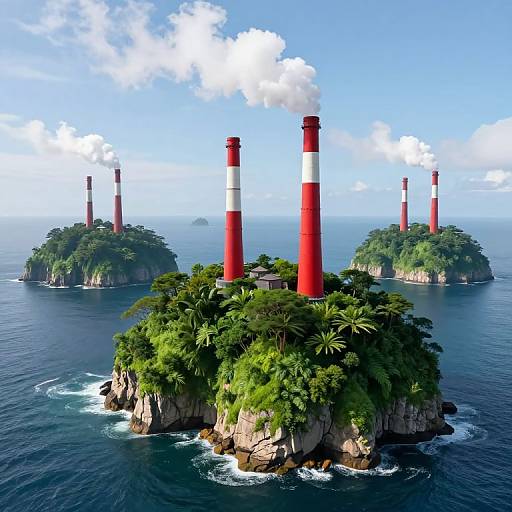 Photorealistic CGI image of five island smokestacks with red and white stripes, surrounded by lush greenery and ocean under a blue sky.