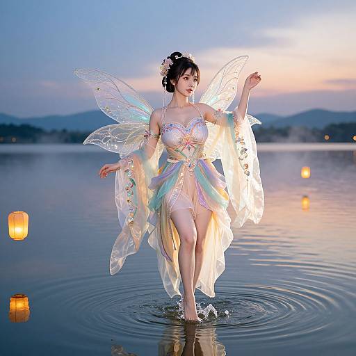 Photograph of a fair-skinned woman with black hair in a translucent, fairy-like dress with iridescent wings, standing in a serene lake at