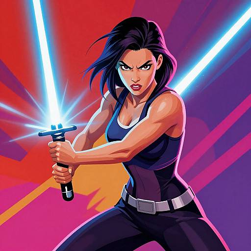 Digital comic-style artwork of a muscular, dark-haired woman with intense expression, wielding a glowing blue lightsaber, wearing a black tank top and pants,