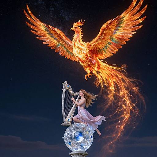 Digital artwork: A fiery phoenix with vibrant orange wings hovers above a winged, ethereal woman playing a harp on a glowing crystal sphere against