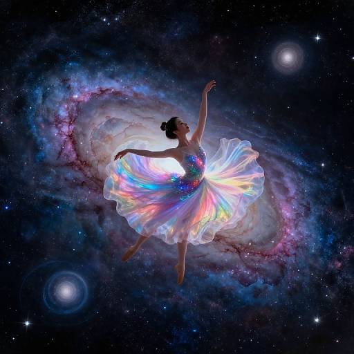 Digital art: Silhouetted ballerina in a glowing, rainbow-tinged tutu floats gracefully in space, surrounded by a colorful galaxy