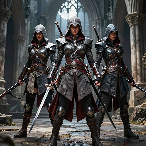 Three armored female warriors with hooded helmets and swords stand confidently in a dimly lit, medieval stone cathedral. Digital artwork.