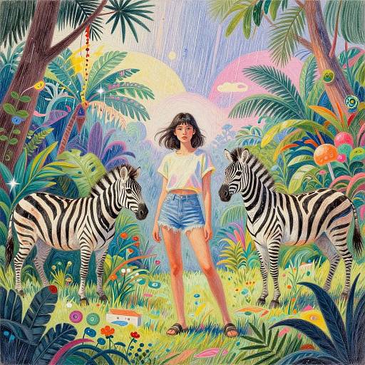 Vibrant digital illustration of a young woman in a white crop top and denim shorts standing between two zebras in a lush, colorful jungle with rain