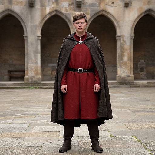 Photograph of a young man with short brown hair, standing in a stone courtyard wearing a dark red tunic, black belt, and dark cloak,