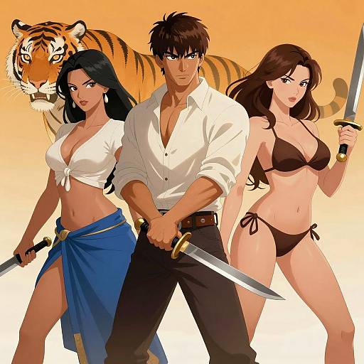 Dynamic Warriors with Fierce Tiger Background