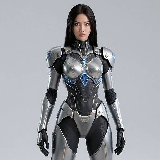 Digital rendering of an Asian woman with long black hair, wearing a sleek, silver and black futuristic armor suit with blue accents, standing against a plain white