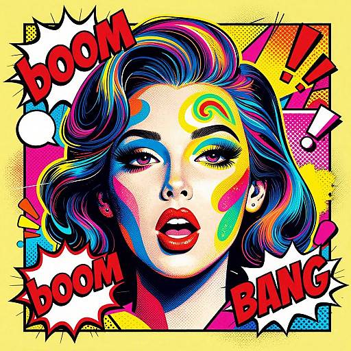 Pop art-style digital drawing of a woman with colorful face paint, bold red lips, and wavy blue-black hair, surrounded by 