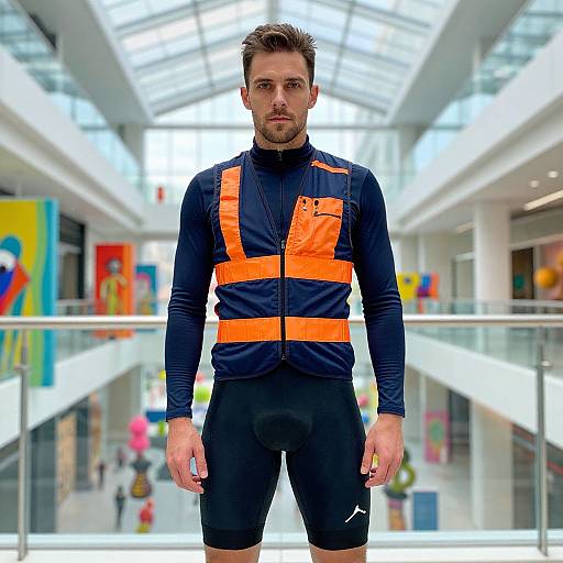 Photograph of a fit, bearded man with short brown hair, wearing a black and orange high-visibility jacket and black shorts, standing in a