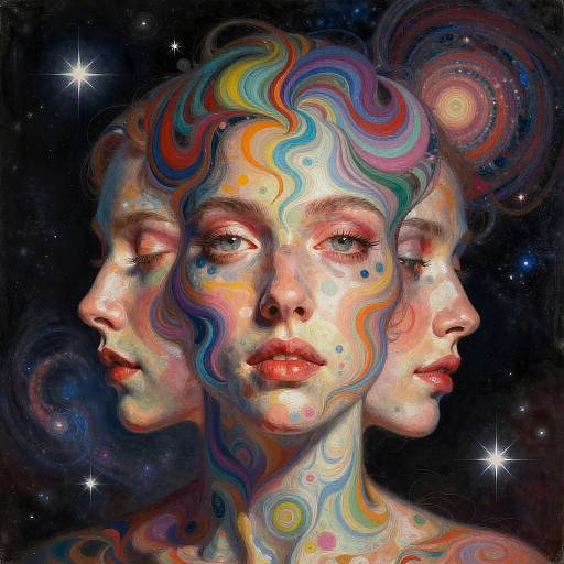 Digital painting of a triple-faced woman with swirling, colorful patterns on her skin, set against a starry, cosmic background.