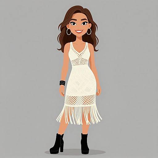 Cartoon-style illustration of a smiling woman with long brown hair, wearing a white, sleeveless, fringed dress, black ankle boots, and hoop