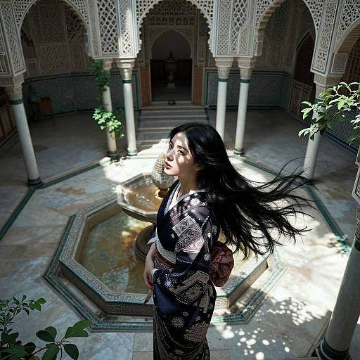 Asian woman with long black hair, wearing a patterned black and white robe, stands in a sunlit, ornate courtyard with a central fountain and