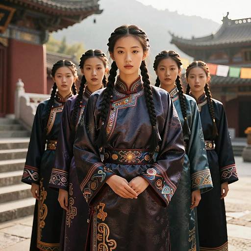 Women in Traditional Silk Robes with Four-Strand Braids