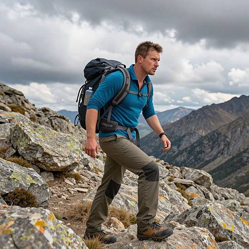 Photograph of a muscular man with short brown hair, blue shirt, gray pants, and large backpack, hiking on rocky mountain terrain. Cloudy sky