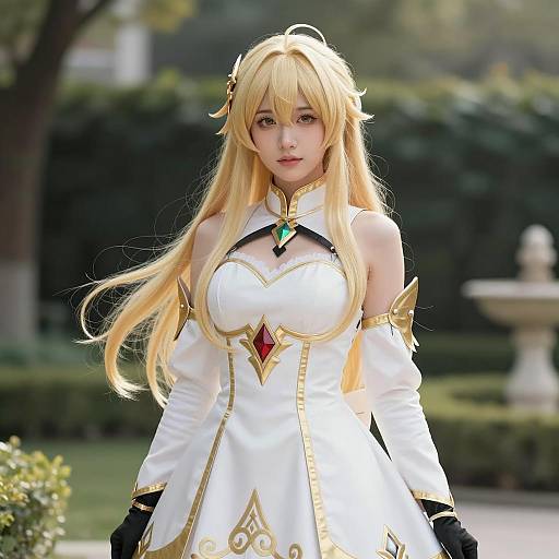 Woman in Elegant White and Gold Cosplay Costume