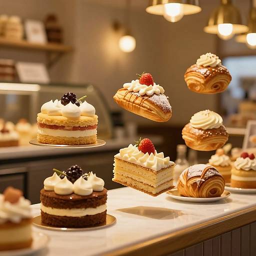 Photograph of a cozy bakery display with assorted pastries and desserts, including layered cakes, cream-topped treats, and croissants, illuminated by