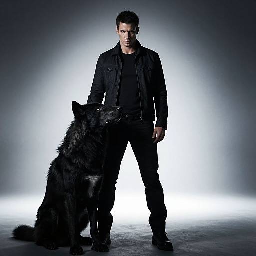 Photograph of a serious, dark-haired man in black jacket and pants standing with a large black German Shepherd on a bright white background.