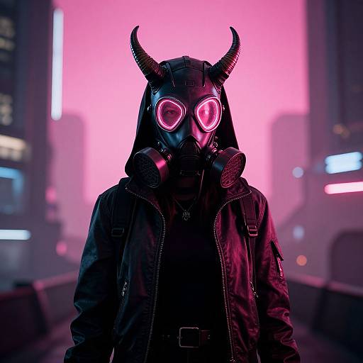 Cyberpunk-style photograph of a person in a black leather jacket, gas mask with glowing pink eyes, and horned helmet, set against a neon