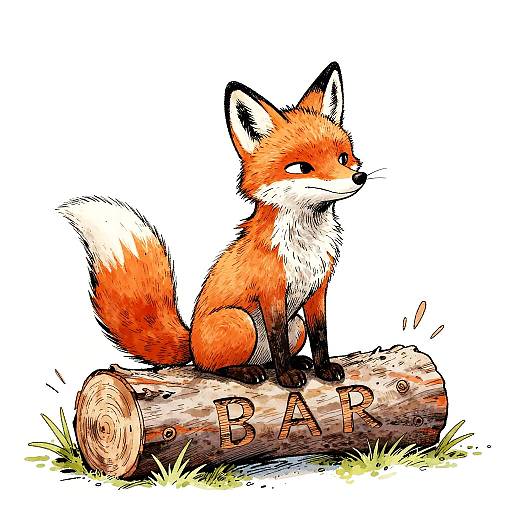 Whimsical Fox on Carved Log Illustration